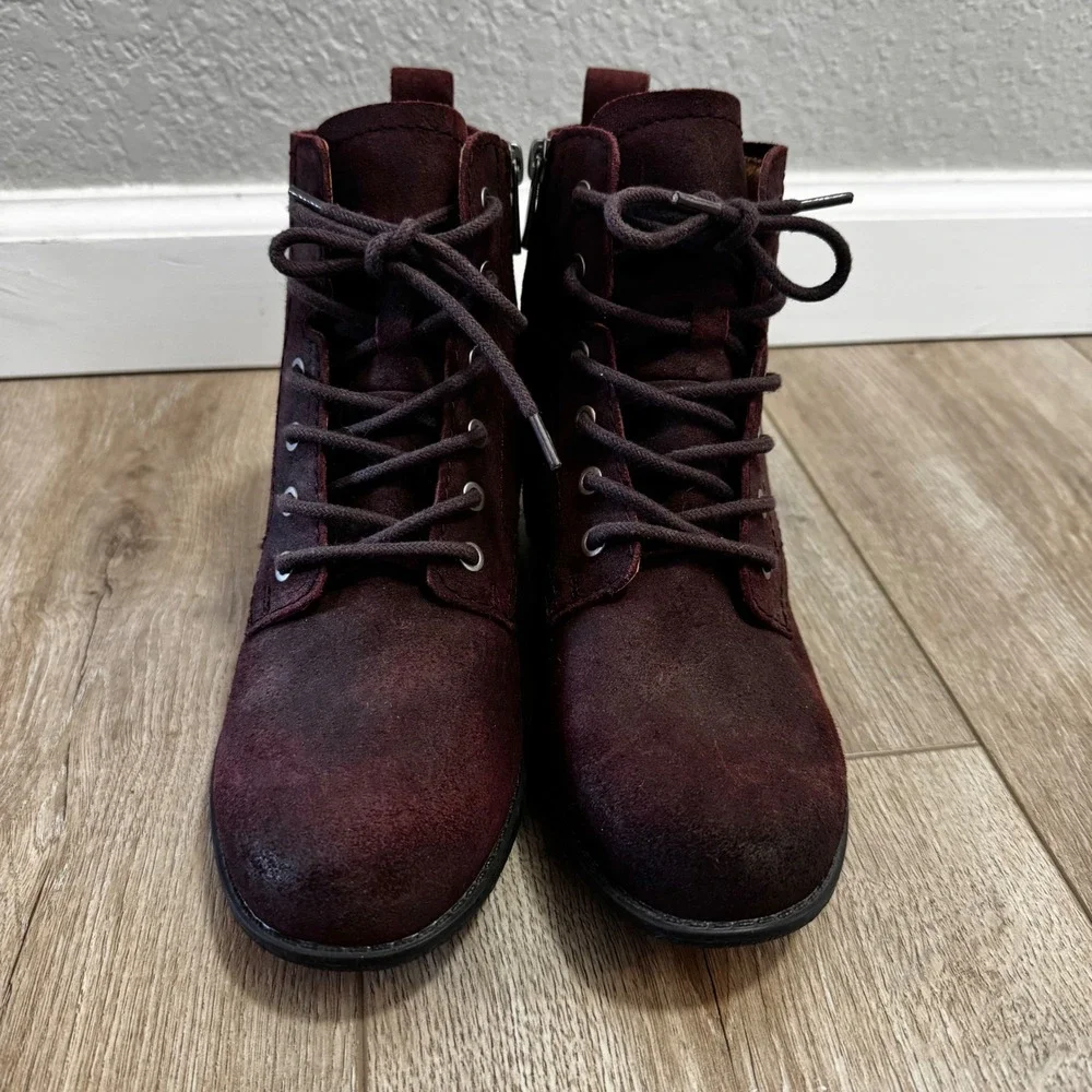Earth Etienne LQV Womens 6M Burgundy Leather Lace Up Combat Ankle Boots Moto